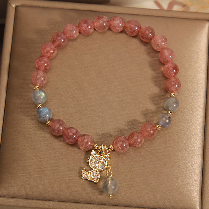 Buddha Stones Armband mit Erdbeerquarz-Mondstein-Katzenanhänger - image 2