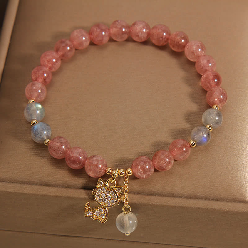 Buddha Stones Armband mit Erdbeerquarz-Mondstein-Katzenanhänger - image 1