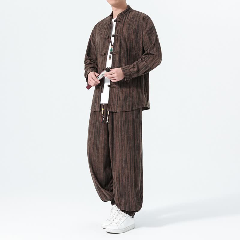 Buddha Stones 2-teiliges Set für Herbst und Winter: Herren-Meditationskleidung im Tang-Stil mit Mandarin-Kragen, gestreiftem Cordhemd und Hose. - Sattelbraun - US/UK/AU46, EU56 (5XL) - image 17