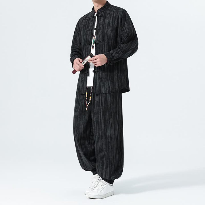 Buddha Stones 2-teiliges Set für Herbst und Winter: Herren-Meditationskleidung im Tang-Stil mit Mandarin-Kragen, gestreiftem Cordhemd und Hose. - Schwarz - US/UK/AU46, EU56 (5XL) - image 10