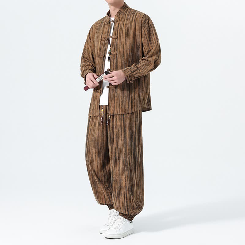 Buddha Stones 2-teiliges Set für Herbst und Winter: Herren-Meditationskleidung im Tang-Stil mit Mandarin-Kragen, gestreiftem Cordhemd und Hose. - Bräunen - US/UK/AU46, EU56 (5XL) - image 0