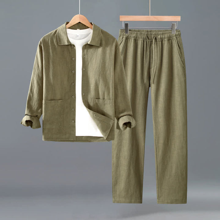 Buddha Stones Lässiges, minimalistisches Herren-Meditationstuch mit Taschen, Knopfleiste, einfarbigem Ramie-Hemd und Hose für Frühling und Herbst - Dunkelkhaki - US/UK/AU42, EU52 (3XL) - image 12