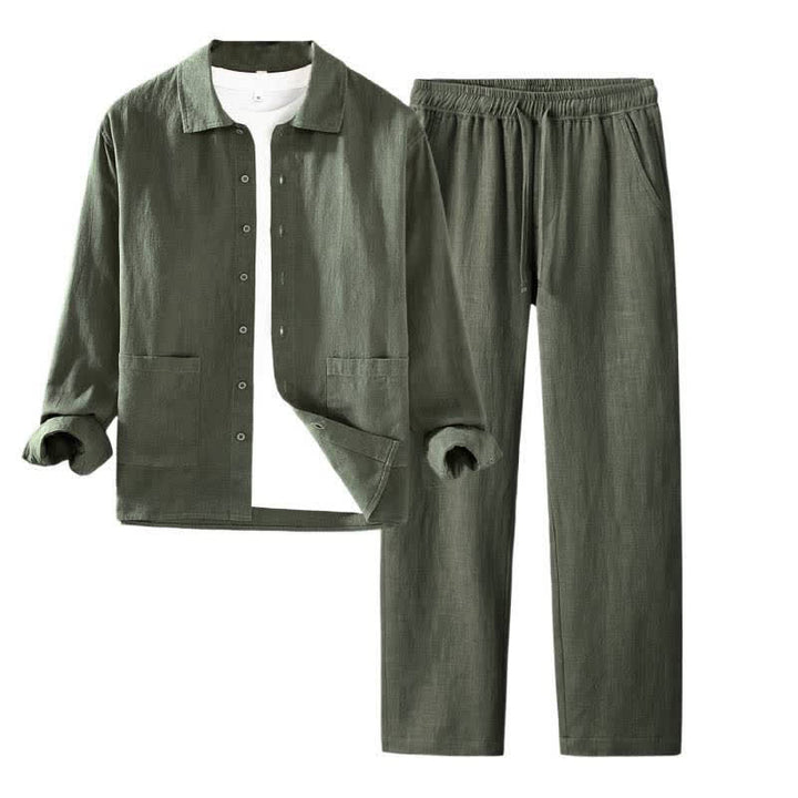 Buddha Stones Lässiges, minimalistisches Herren-Meditationstuch mit Taschen, Knopfleiste, einfarbigem Ramie-Hemd und Hose für Frühling und Herbst - image 3