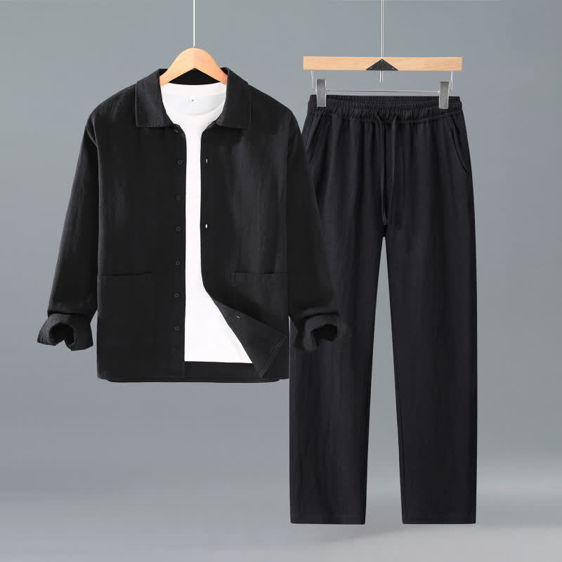 Buddha Stones Lässiges, minimalistisches Herren-Meditationstuch mit Taschen, Knopfleiste, einfarbigem Ramie-Hemd und Hose für Frühling und Herbst - Schwarz - US/UK/AU42, EU52 (3XL) - image 1