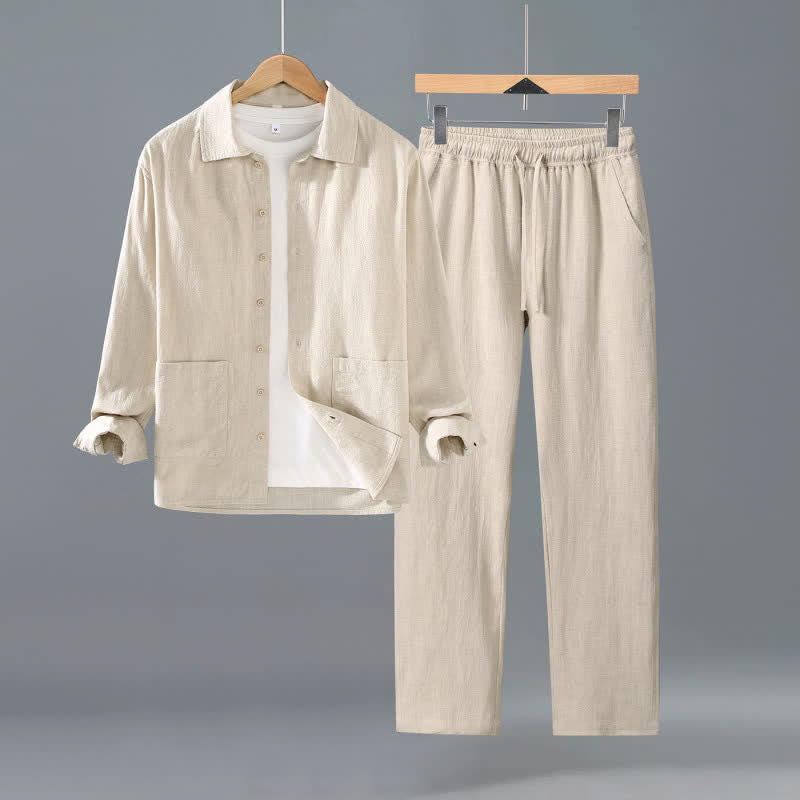 Buddha Stones Lässiges, minimalistisches Herren-Meditationstuch mit Taschen, Knopfleiste, einfarbigem Ramie-Hemd und Hose für Frühling und Herbst - Beige - US/UK/AU42, EU52 (3XL) - image 4