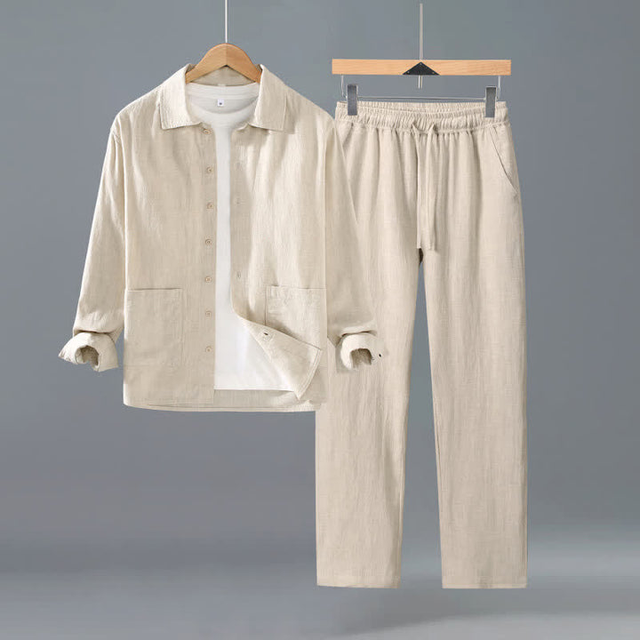 Buddha Stones Lässiges, minimalistisches Herren-Meditationstuch mit Taschen, Knopfleiste, einfarbigem Ramie-Hemd und Hose für Frühling und Herbst - Beige - US/UK/AU42, EU52 (3XL) - image 4