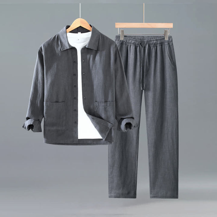 Buddha Stones Lässiges, minimalistisches Herren-Meditationstuch mit Taschen, Knopfleiste, einfarbigem Ramie-Hemd und Hose für Frühling und Herbst - DimGray - US/UK/AU42, EU52 (3XL) - image 0