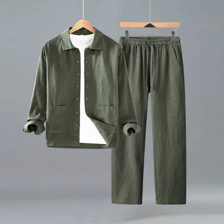 Buddha Stones Lässiges, minimalistisches Herren-Meditationstuch mit Taschen, Knopfleiste, einfarbigem Ramie-Hemd und Hose für Frühling und Herbst - Dunkelolivgrün - US/UK/AU42, EU52 (3XL) - image 2