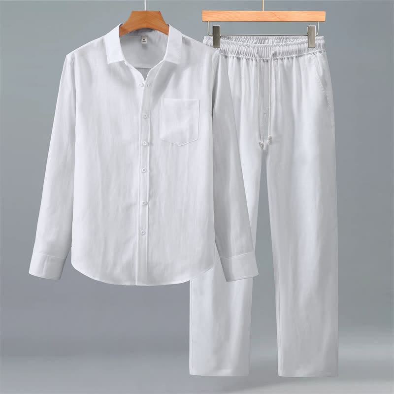 Buddha Stones 2-teiliges Set für Frühling und Herbst: Lässiges Herren-Meditationstuch mit Knopfleiste, einfarbigem Hemd und Hose, mit Taschen - Weiß - US/UK/AU42, EU52 (3XL) - image 15