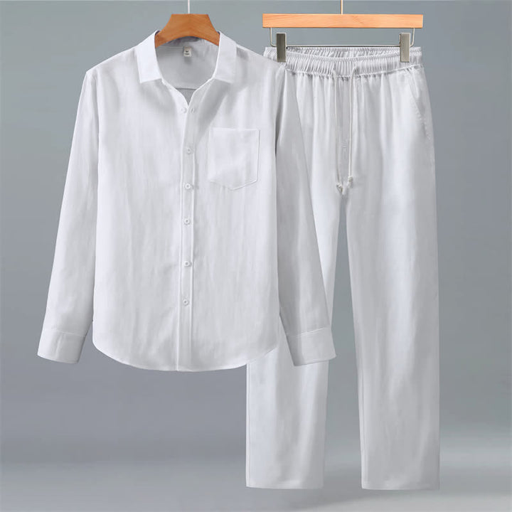 Buddha Stones 2-teiliges Set für Frühling und Herbst: Lässiges Herren-Meditationstuch mit Knopfleiste, einfarbigem Hemd und Hose, mit Taschen - Weiß - US/UK/AU42, EU52 (3XL) - image 15