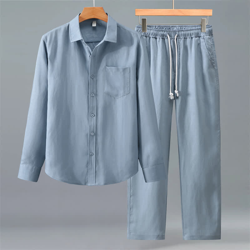 Buddha Stones 2-teiliges Set für Frühling und Herbst: Lässiges Herren-Meditationstuch mit Knopfleiste, einfarbigem Hemd und Hose, mit Taschen - Hellstahlblau - US/UK/AU42, EU52 (3XL) - image 12