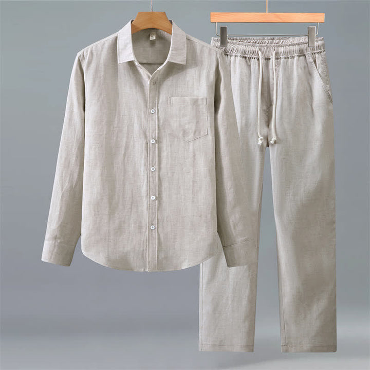 Buddha Stones 2-teiliges Set für Frühling und Herbst: Lässiges Herren-Meditationstuch mit Knopfleiste, einfarbigem Hemd und Hose, mit Taschen - Beige - US/UK/AU42, EU52 (3XL) - image 0