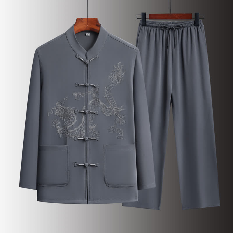 Buddha Stones Frühling 2-teiliges Set für Herbst und Frühling im Tang-Stil: Mandarin-Kragen, Froschknopf-Stickerei, Drachenhemd und Hose, Meditationskleidung für Herren mit Taschen - Dunkelgrau - US/UK/AU44, EU54 (4XL) - image 0