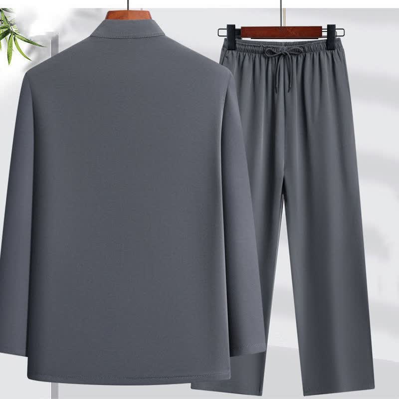 Buddha Stones Frühling 2-teiliges Set für Herbst und Frühling im Tang-Stil: Mandarin-Kragen, Froschknopf-Stickerei, Drachenhemd und Hose, Meditationskleidung für Herren mit Taschen - image 1
