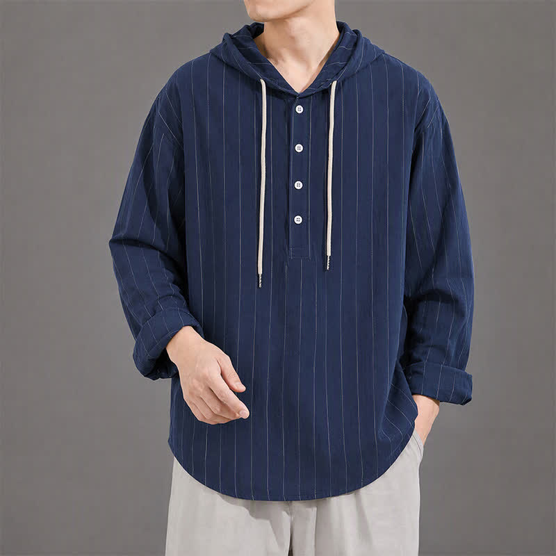 Buddha Stones Lässige, minimalistische Herren-Langarmhemden mit Kordelzug und Streifenmuster – ideal für den Frühling - Marine - US/UK/AU42, EU52 (3XL) - image 9