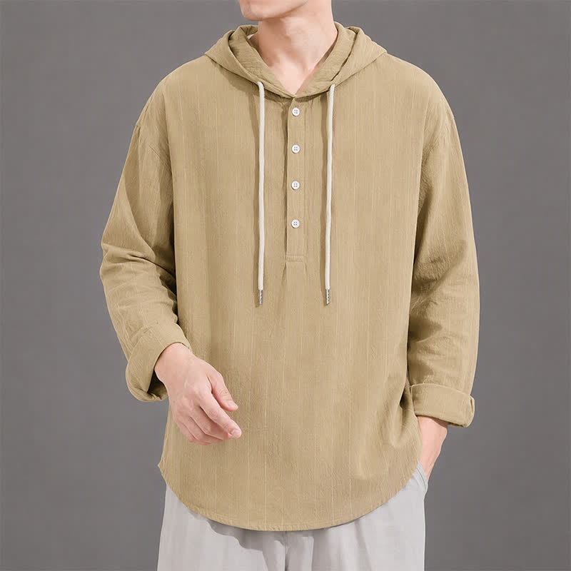 Buddha Stones Lässige, minimalistische Herren-Langarmhemden mit Kordelzug und Streifenmuster – ideal für den Frühling - Dunkelkhaki - US/UK/AU42, EU52 (3XL) - image 0