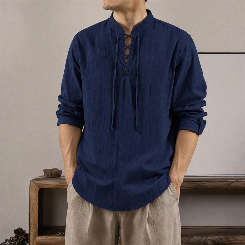 Buddha Stones Lässige Herren-Langarmhemden im Tang-Stil mit Kordelzug aus Baumwoll-Leinen-Mischgewebe für Frühling und Herbst - Mitternachtsblau - US/UK/AU42, EU52 (3XL) - image 0