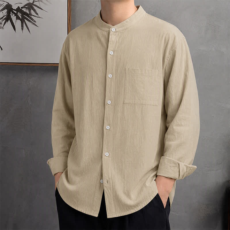 Buddha Stones Lässiges Herrenhemd im Tang-Stil mit Stehkragen und aufgesetzter Tasche – ideal für Frühling und Herbst. - Khaki - US/UK/AU42, EU52 (3XL) - image 10