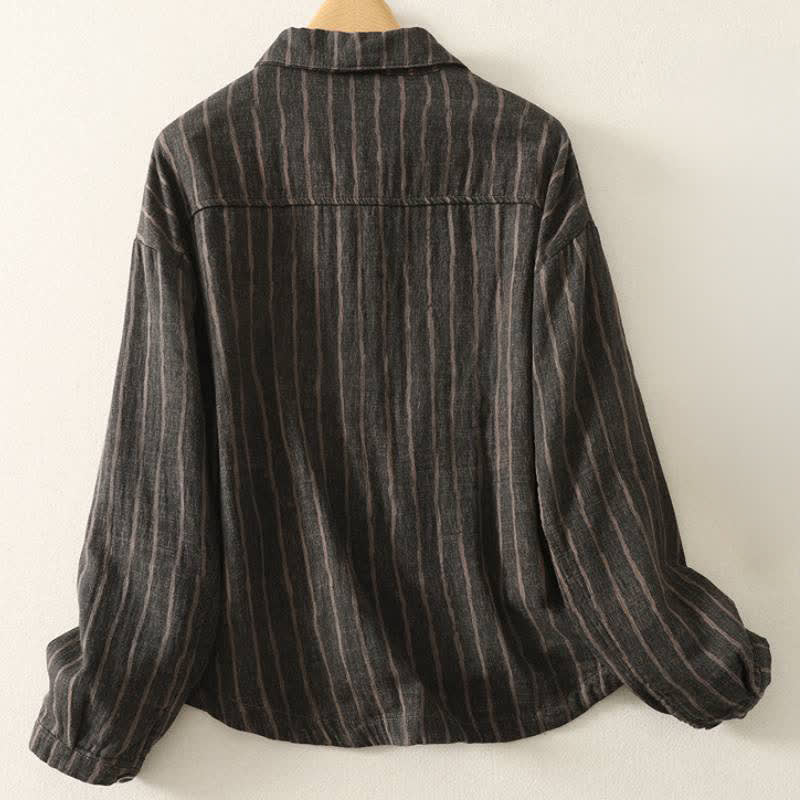 Buddha Stones Lässige Vintage-Damenjacke für den Herbst mit Streifenmuster, Knopfleiste und Taschen - image 1