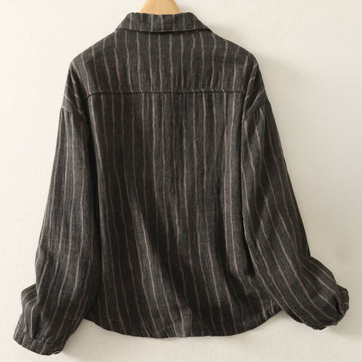 Buddha Stones Lässige Vintage-Damenjacke für den Herbst mit Streifenmuster, Knopfleiste und Taschen - image 1