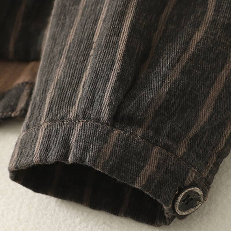 Buddha Stones Lässige Vintage-Damenjacke für den Herbst mit Streifenmuster, Knopfleiste und Taschen - image 5