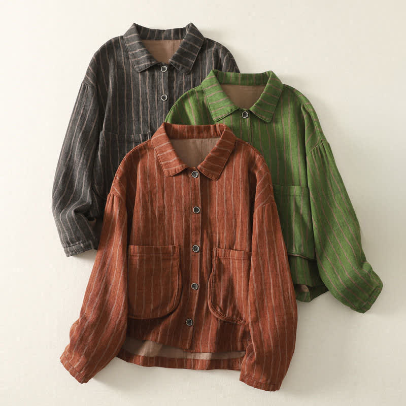 Buddha Stones Lässige Vintage-Damenjacke für den Herbst mit Streifenmuster, Knopfleiste und Taschen - image 11