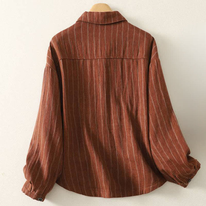 Buddha Stones Lässige Vintage-Damenjacke für den Herbst mit Streifenmuster, Knopfleiste und Taschen - image 9