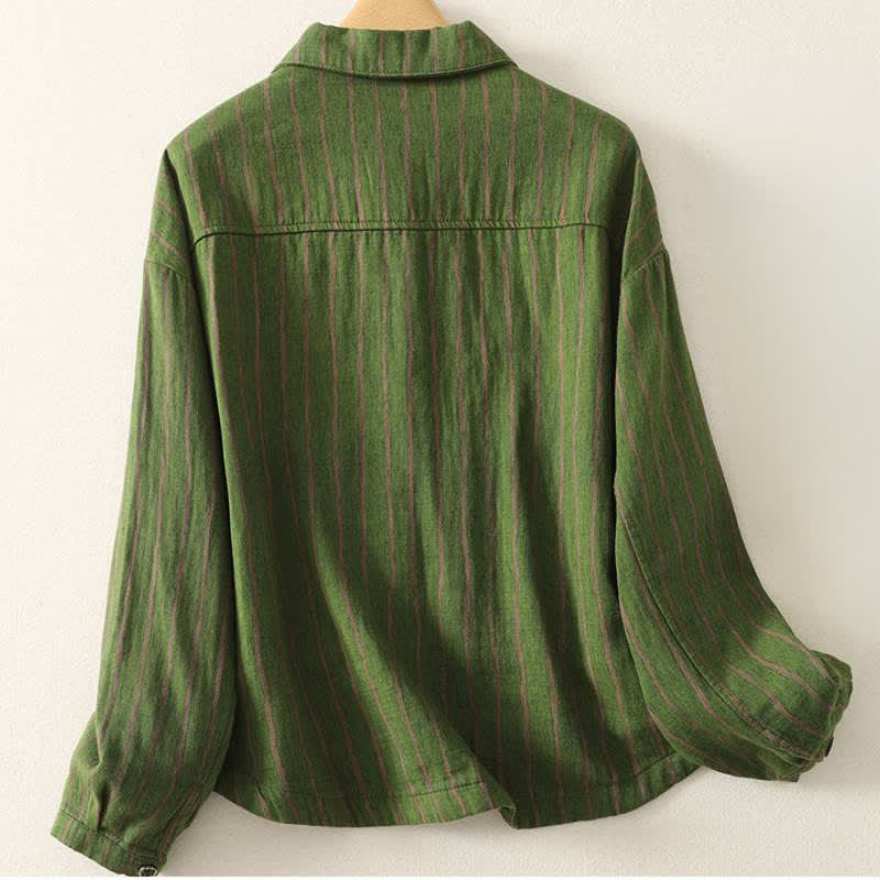 Buddha Stones Lässige Vintage-Damenjacke für den Herbst mit Streifenmuster, Knopfleiste und Taschen - image 7