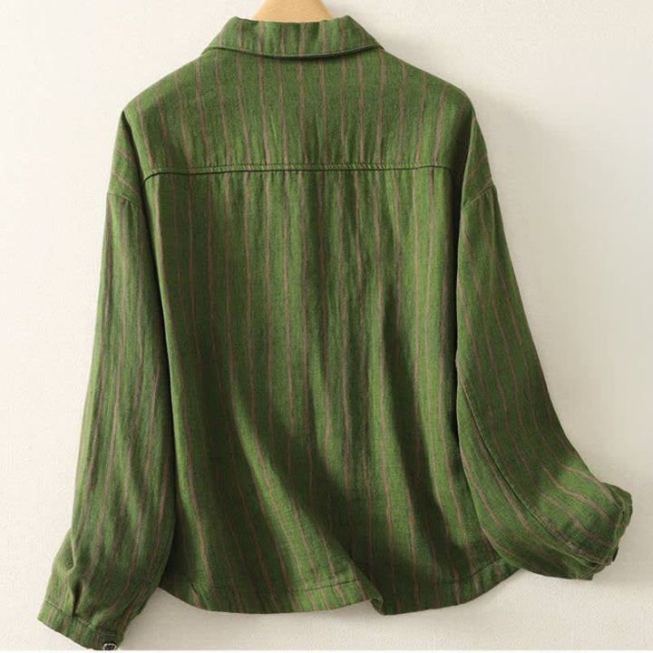 Buddha Stones Lässige Vintage-Damenjacke für den Herbst mit Streifenmuster, Knopfleiste und Taschen - image 7