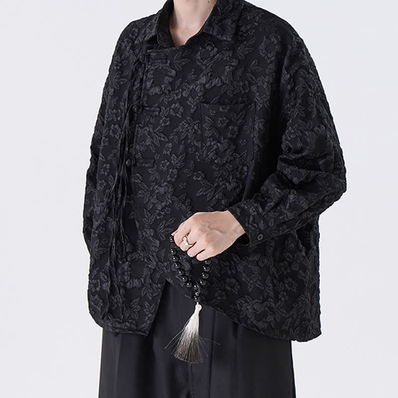 Buddha Stones Vintage-Herrenhemd im Tang-Stil mit Froschknopfleiste, floralem Jacquardmuster und aufgesetzter Tasche – ideal für Frühling und Herbst. - Schwarz - US/UK/AU50, EU60 (5XL) - image 0