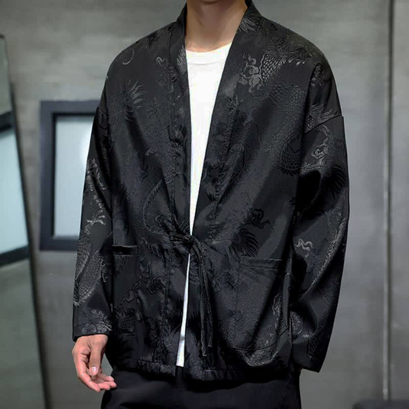 Buddha Stones Herbstlicher Kimono im Vintage-Stil mit Drachenjacquardmuster, Kordelzug und Tasche im Tang-Stil. - image 2