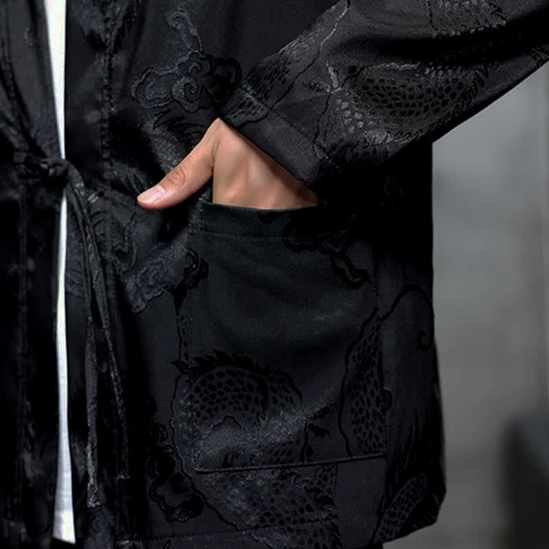 Buddha Stones Herbstlicher Kimono im Vintage-Stil mit Drachenjacquardmuster, Kordelzug und Tasche im Tang-Stil. - image 9