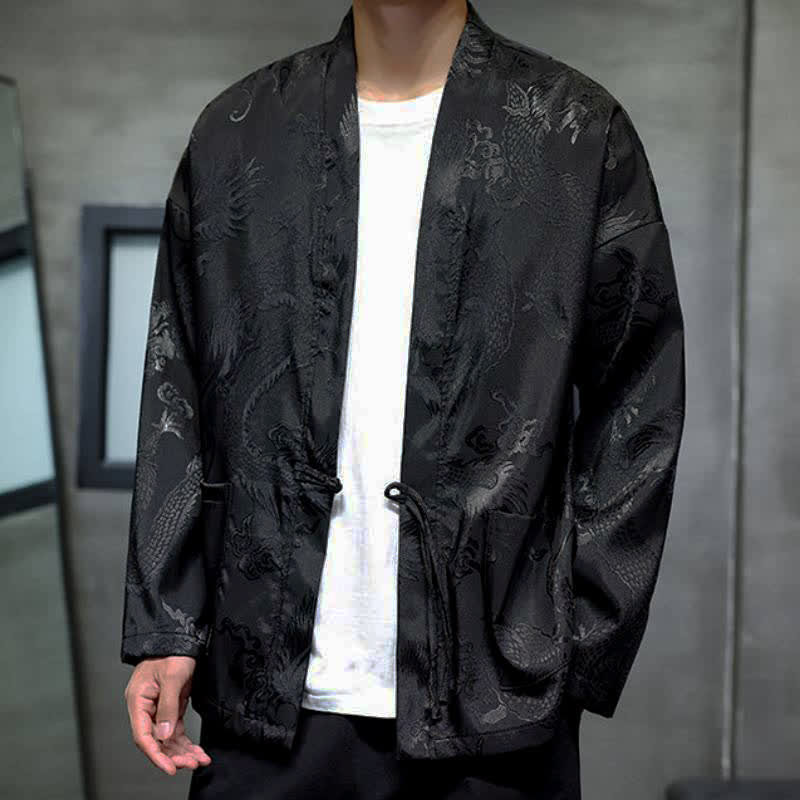 Buddha Stones Herbstlicher Kimono im Vintage-Stil mit Drachenjacquardmuster, Kordelzug und Tasche im Tang-Stil. - image 5