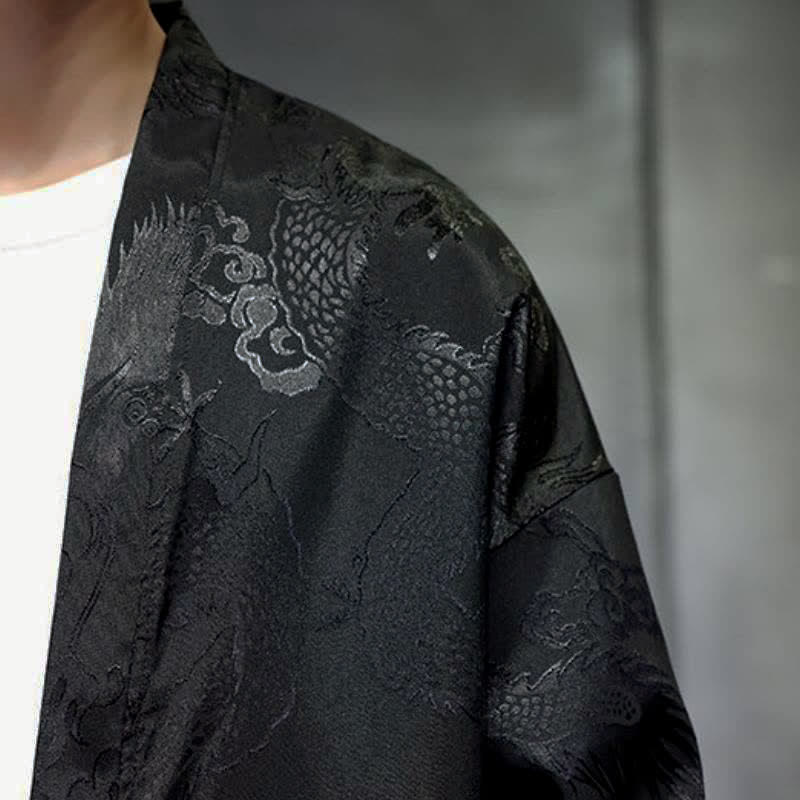 Buddha Stones Herbstlicher Kimono im Vintage-Stil mit Drachenjacquardmuster, Kordelzug und Tasche im Tang-Stil. - image 7