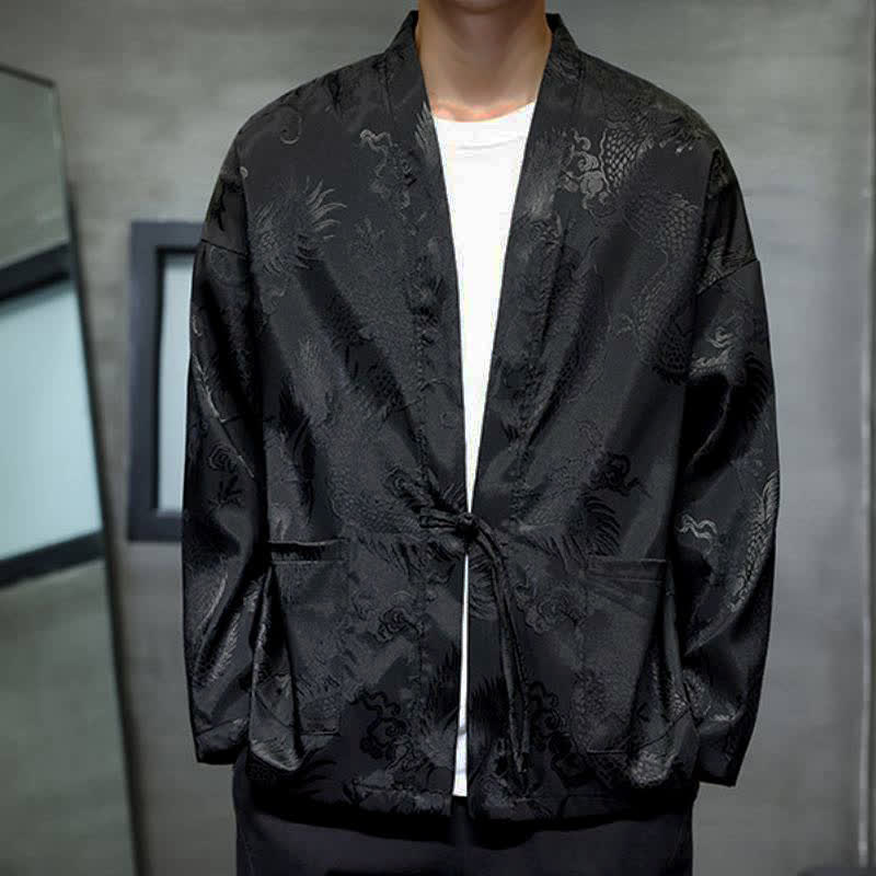 Buddha Stones Herbstlicher Kimono im Vintage-Stil mit Drachenjacquardmuster, Kordelzug und Tasche im Tang-Stil. - image 3