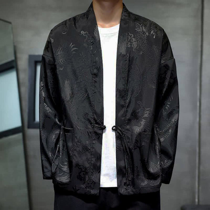 Buddha Stones Herbstlicher Kimono im Vintage-Stil mit Drachenjacquardmuster, Kordelzug und Tasche im Tang-Stil. - Schwarz - US/UK/AU46, EU56 (5XL) - image 0