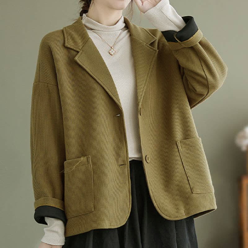 Buddha Stones Herbstliche, schlichte, einfarbige Damenjacke im Vintage-Stil mit Knopfleiste und Taschen - image 1