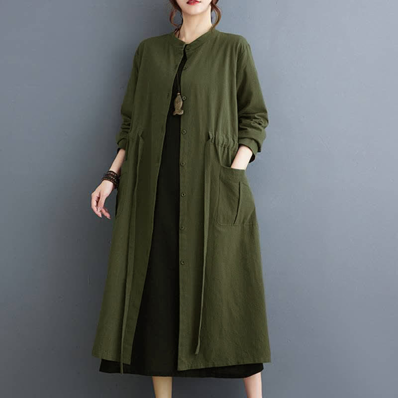 Buddha Stones Lässiges, herbstliches Vintage-Kleid mit Stehkragen, Knopfleiste, Schnürung, langen Ärmeln und Taschen für Damen - image 1