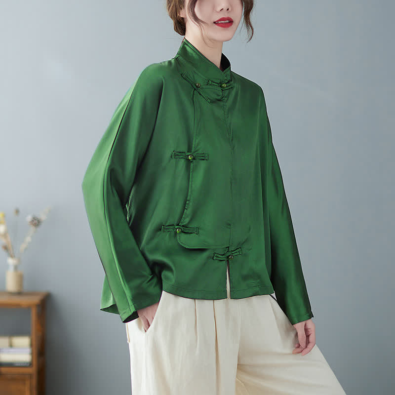 Buddha Stones Elegante, grüne Langarmbluse im Tang-Stil mit Froschknopfverschluss für Damen - Waldgrün - US12, UK/AU16, EU44 (2XL) - image 0