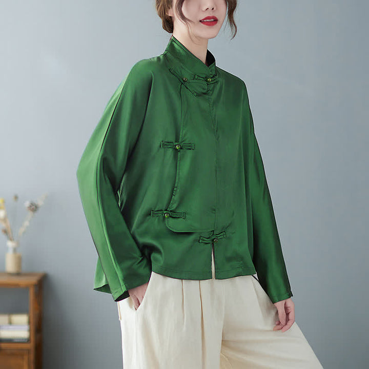 Buddha Stones Elegante, grüne Langarmbluse im Tang-Stil mit Froschknopfverschluss für Damen - Waldgrün - US12, UK/AU16, EU44 (2XL) - image 0