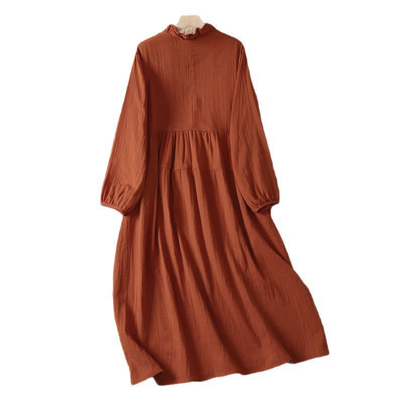 Buddha Stones Vintage-Boho-Kleid für Damen im Herbststil, einfarbig, V-Ausschnitt, langärmlig, mit Tasche - image 1