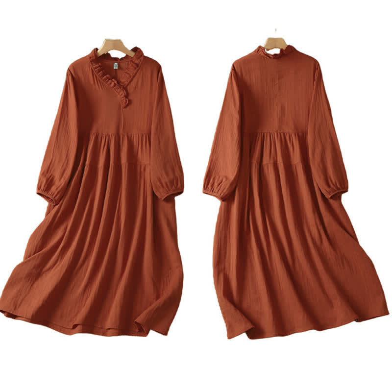 Buddha Stones Vintage-Boho-Kleid für Damen im Herbststil, einfarbig, V-Ausschnitt, langärmlig, mit Tasche - image 2