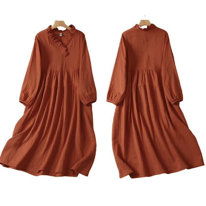 Buddha Stones Vintage-Boho-Kleid für Damen im Herbststil, einfarbig, V-Ausschnitt, langärmlig, mit Tasche - image 2
