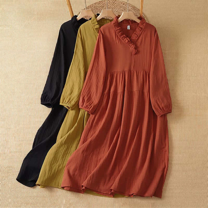 Buddha Stones Vintage-Boho-Kleid für Damen im Herbststil, einfarbig, V-Ausschnitt, langärmlig, mit Tasche - image 15