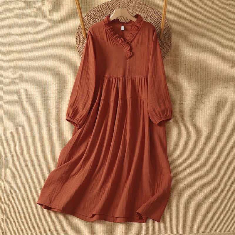 Buddha Stones Vintage-Boho-Kleid für Damen im Herbststil, einfarbig, V-Ausschnitt, langärmlig, mit Tasche - Koralle - US14, UK/AU18, EU46 (2XL) - image 0