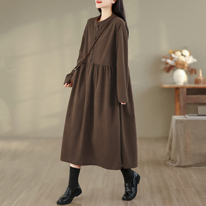 Buddha Stones Lässiges, minimalistisches Herbstkleid für Damen mit Knopfleiste, Rundhalsausschnitt, langen Ärmeln und Tasche - image 5