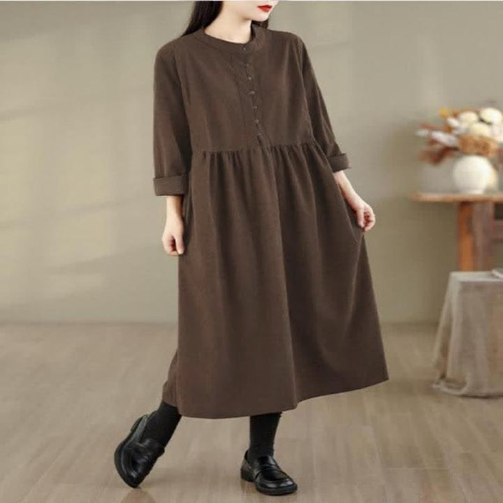 Buddha Stones Lässiges, minimalistisches Herbstkleid für Damen mit Knopfleiste, Rundhalsausschnitt, langen Ärmeln und Tasche - image 2