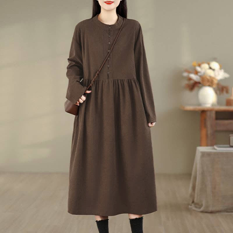 Buddha Stones Lässiges, minimalistisches Herbstkleid für Damen mit Knopfleiste, Rundhalsausschnitt, langen Ärmeln und Tasche - Sattelbraun - US8-10, UK/AU12-14, EU40-42 (XL) - image 0