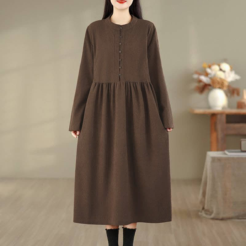 Buddha Stones Lässiges, minimalistisches Herbstkleid für Damen mit Knopfleiste, Rundhalsausschnitt, langen Ärmeln und Tasche - image 1