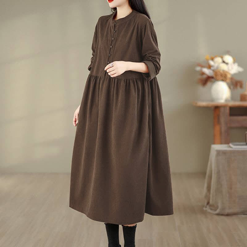 Buddha Stones Lässiges, minimalistisches Herbstkleid für Damen mit Knopfleiste, Rundhalsausschnitt, langen Ärmeln und Tasche - image 3